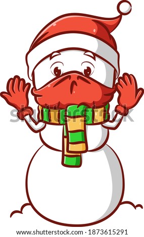 The illustration of the sad Mr. snowman using the red mask because of corona virus and red gloves