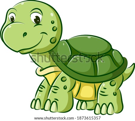 The illustration of young turtle with the green shell is walking with the big smile on his face