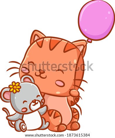 The illustration of the little mouse with the yellow sun flower hair clip with the big cat whose holding the pink balloon
