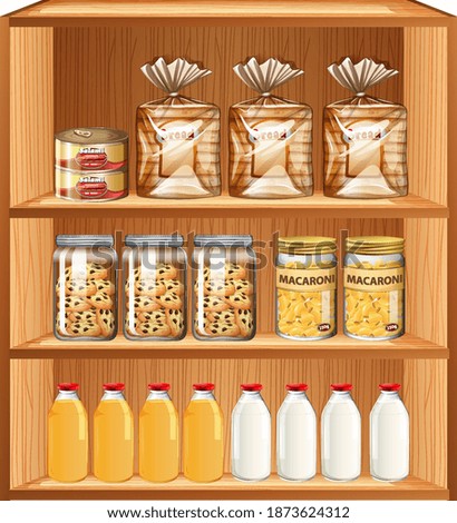 Baked goods and processed food in three shelves illustration