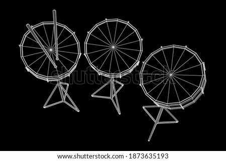 Musical instruments set. Rock band kit. Percussion musical instrument drum and stick. Wireframe low poly mesh vector illustration.