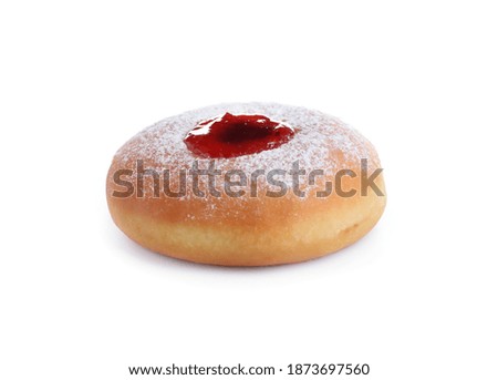 Hanukkah doughnut with jelly and sugar powder isolated on white