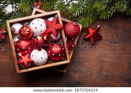 Christmas card with fir tree decor. Top view flat lay with space for your xmas greetings