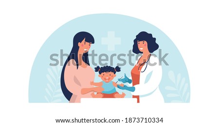 Concept illustration about vaccination of children, mother and child at the doctor s appointment. The pediatrician treats the baby. Flat vector illustration isolated on white background
