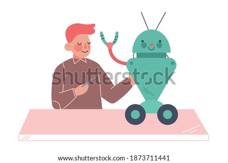 Schoolboy Assembling Robot, Boy Engineer Character Working on Educational Project Cartoon Style Vector Illustration