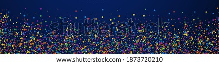 Festive remarkable confetti. Celebration stars. Rainbow confetti on dark blue background. Adorable festive overlay template. Panoramic vector background.
