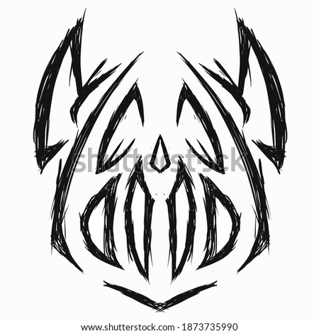 Abstract Evil Mask Face Doodle Tribal Drawing Artwork. Black Color.