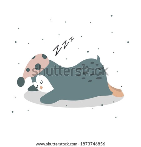 Cute sleeping penguin. Vector children's colorful illustration in cartoon hand drawn style for printing on children's clothes, interior design, packaging, stickers. Isolated on white
