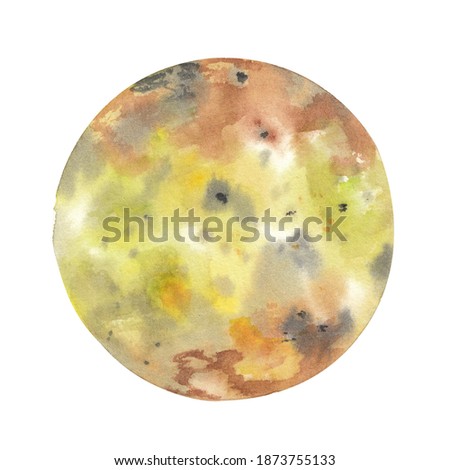 Watercolor illustration of  Io - moon of the Jupiter Hand drawn hand painted illustration Space, cosmos, universe. Educational drawing, kids, nursery, baby watercolor clipart. 