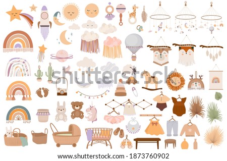Set of cute boho baby objects in Scandinavian style. Cartoon doodle kids clipart for baby shower invitation card, nursery room decor, poster. Editable vector illustration. Royalty-Free Stock Photo #1873760902