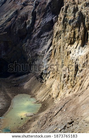 Mutnovsky volcano. Small lake of muddy water in the crater. Archive photo, 2008