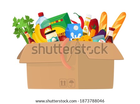 Food Box Isolated on White Background. Carton Container Full of Different Food, Grocery Production, Vegetables, Bread and Cans with Packages, Sausages, Greenery, Milk. Cartoon Vector Illustration