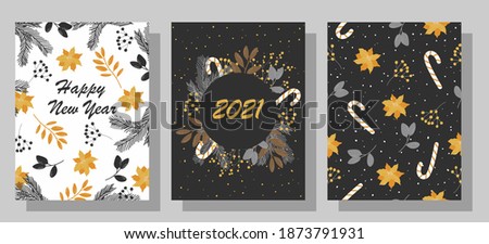 Collection of New Year and Christmas cards 2021.
Cartoon design with decorative symbols of winter holidays with new year ornament. Vector illustration