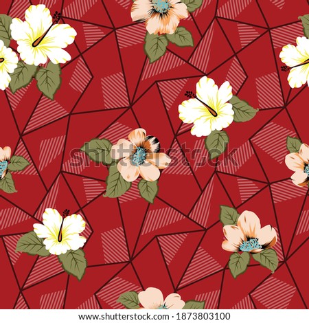 brown and yellow vector flowers bunches pattern on stripe red background