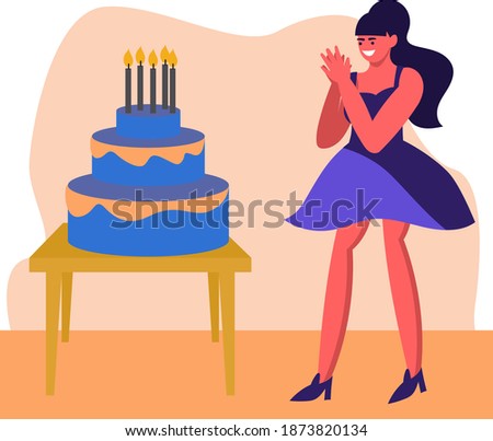 The girl was given a birthday cake, the girl is happy with the gift, claps her hands. Happy birthday girl. The concept of the celebration. Vector illustration is flat.