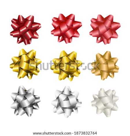 Set of decorative gift bows isolated on white background. Red, gold and silver metallic to satin to mat. Decoration design elements. Realistic vector illustration icon set. Happy holiday gift box.