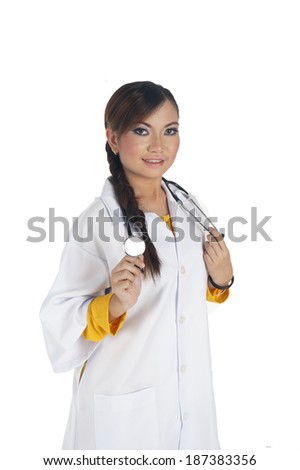 Portrait of a smiling asian female doctor, isolate on white background