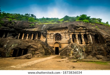 Pandav Leni, The Buddha Caves at Nashik, Maharashtra, India. Ancient caves dating second century A.D. This group of 24 caves located near Nashik. These caves were carved during the reign of Satavahana Royalty-Free Stock Photo #1873836034