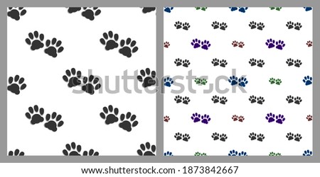 Seamless patterns with clipping mask. Animal paw prints staggered on white background