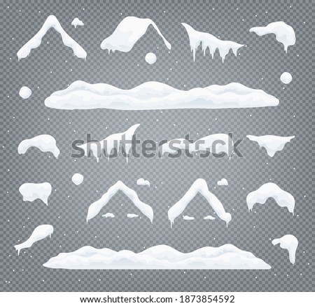Snow caps, snowballs and snowdrifts set. Snow cap vector collection. Winter decoration element. Snowy elements on winter background. Cartoon template. Snowfall and snowflakes in motion. Illustration. Royalty-Free Stock Photo #1873854592