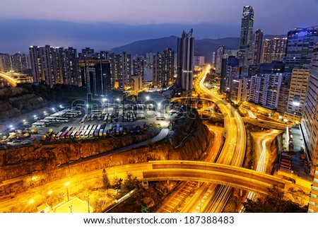 traffic in Hong Kong city at sunset time 
