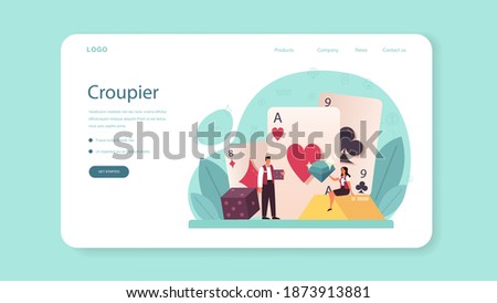 Croupier web banner or landing page. Dealer in casino near roulette table. Person in uniform behind gambling counter. Casino game business. Isolated vector illustration
