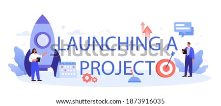 Launching project typographic header. Company and personal career success. Busines development and profit increase. Isolated flat vector illustration