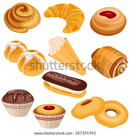 Set of pastry isolated on white background