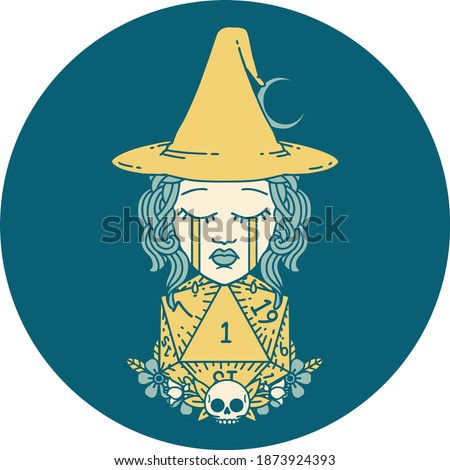 Retro Tattoo Style crying human witch with natural one D20 dice roll