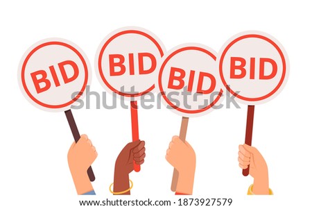 Bidding process. Auction paddles, flat hand holding plates. Finance or business, special offer vector concept Royalty-Free Stock Photo #1873927579