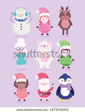 merry christmas decoration celebration cartoon character santa helper snowman bear penguin vector illustration