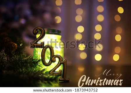 Holiday led light garland in jar. Christmas, new year holiday celebration concept. Copy space. Banner image for design