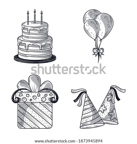 happy birthday celebration party hats gift cake and balloons, engraving style vector illustration