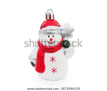 Christmas toy Snowman of white color with a red scarf Isolated on white background side view
