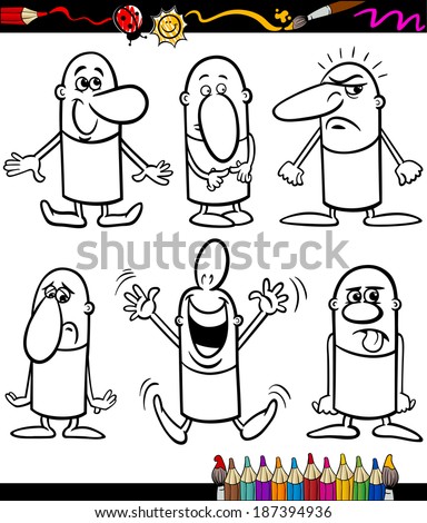 Coloring Book or Page Cartoon Vector Illustration Set of Black and White Funny People Emotions or Expressions for Children