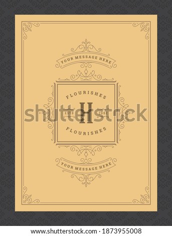 Vintage ornament greeting card calligraphic ornate swirls and vignettes frame design vector template. Good for wedding invitation or other design and place for text flourishes decorative lines.