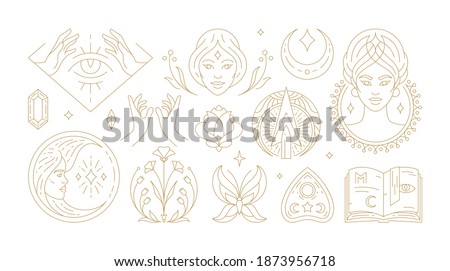 Magic woman boho vector illustrations of graceful feminine women and esoteric symbols set. Mysterious and witchcraft line art design elements. Bohemian silhouettes for greeting card, logo or poster. Royalty-Free Stock Photo #1873956718