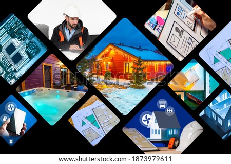 Background on theme of modern construction. Background is composed of various construction elements. Smart home system as a symbol of modern technologies. Smart home icons next to cottages.