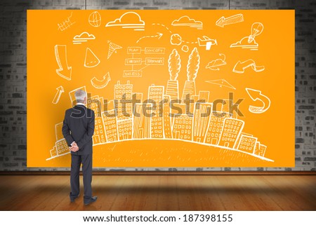 Composite image of rear view of mature businessman posing against orange card
