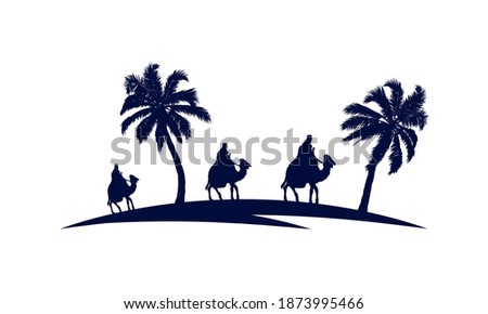 Wise men on camels from palm trees, vector art illustration.
