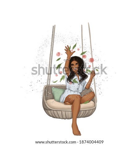 African American Girl On A Swing With Flowers Isolated On A White Background Hand Drawn Illustration	
