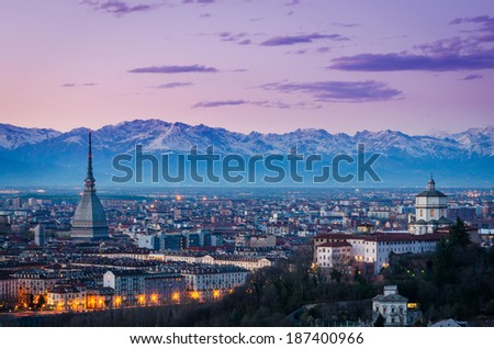 Turin (Torino), twilight panorama with Mole Antonelliana and Alps Royalty-Free Stock Photo #187400966