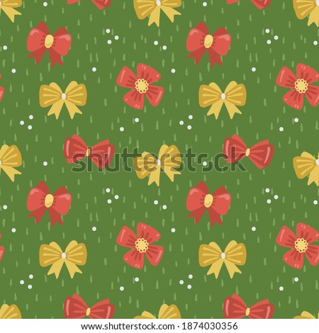 Illustration of a seamless pattern on a Christmas New Year theme. Bows on a green background. Cute simple style.