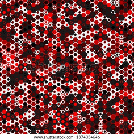 Camouflage seamless pattern with red hexagonal endless geometric alien camo ornament. Abstract future military style background. Template for fabric and fashion print. Vector illustration