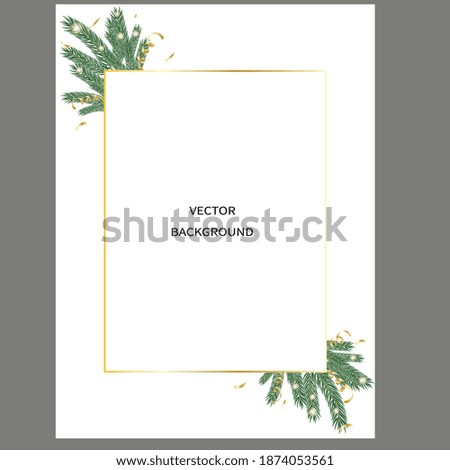 Vector background with fir branches and lights and gold frame.	
