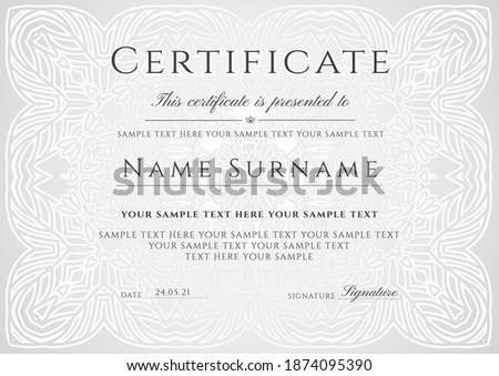 Silver elegant certificate with line curve pattern ornament on background. Vintage vector template for invite, diploma