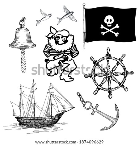 One-eyed pirate in bandana and nautical objects. Hand drawing outline vector doodle image set. Royalty-Free Stock Photo #1874096629