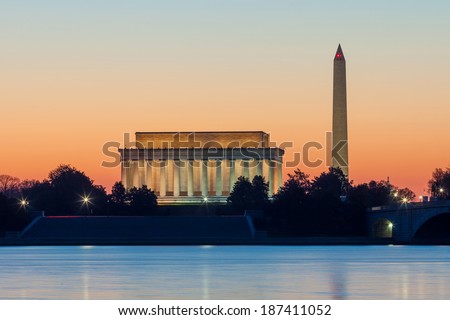 Washington DC skyline at sunrise including Lincoln Memorial and Washington Monument 