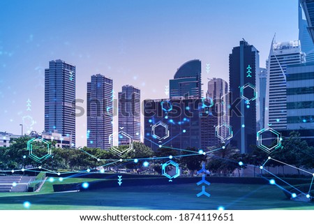 Panoramic view skyscrapers. Modern cityscape of the capital of the Emirate of Dubai. Technology concept. Double exposure. Royalty-Free Stock Photo #1874119651