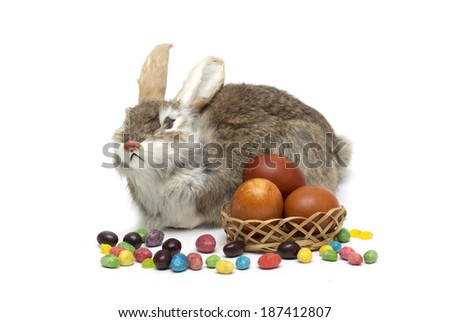 Happy Easter. Rabbit with Easter eggs and colored candies. Photo.